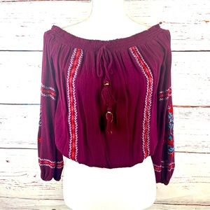 Xhilaration Maroon Cottagecore Boho Embroidered Off-Shoulder Peasant Top Size S